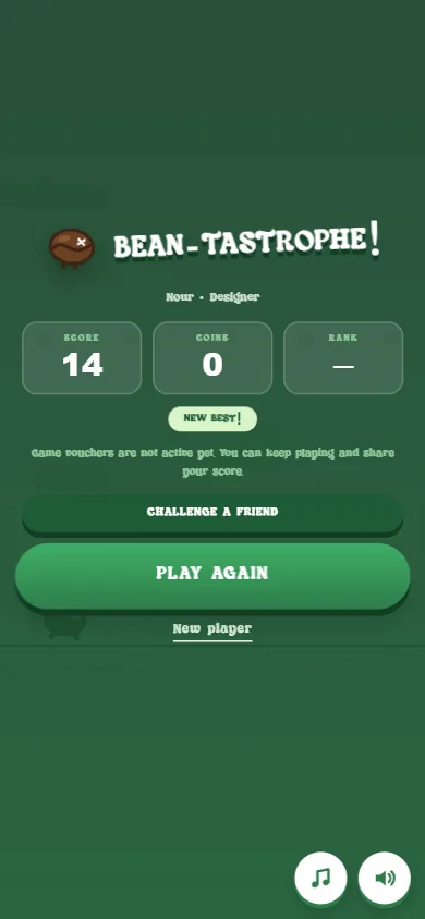 Results screen showing score, coins, rank and a new best badge