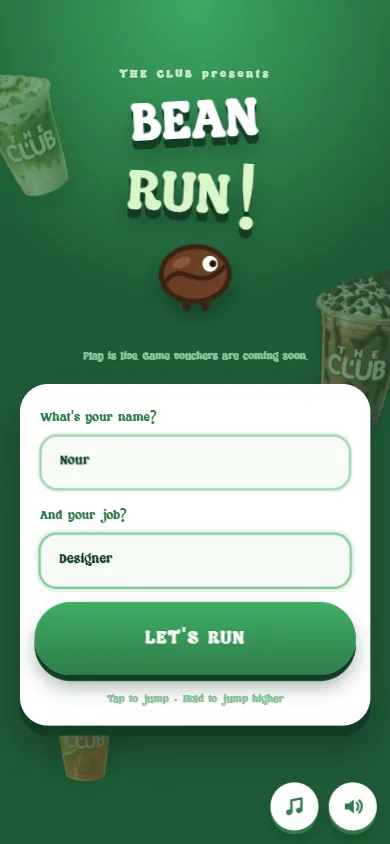 Bean Run start screen asking for the player's name and job