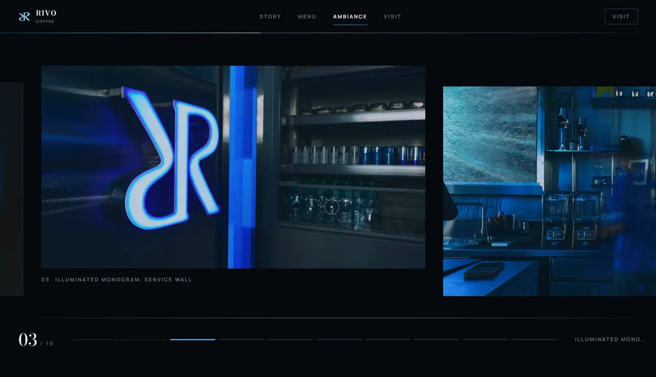 Rivo Coffee concept gallery of the café interior in cobalt light