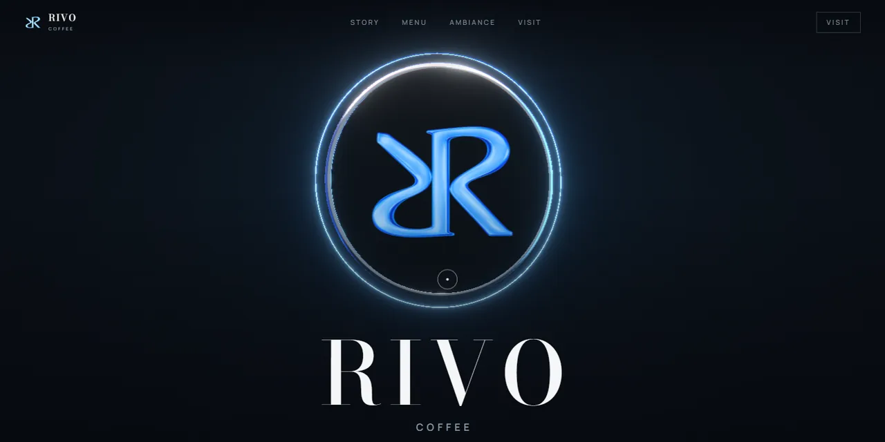 Concept homepage for Rivo Coffee with a glowing 3D monogram